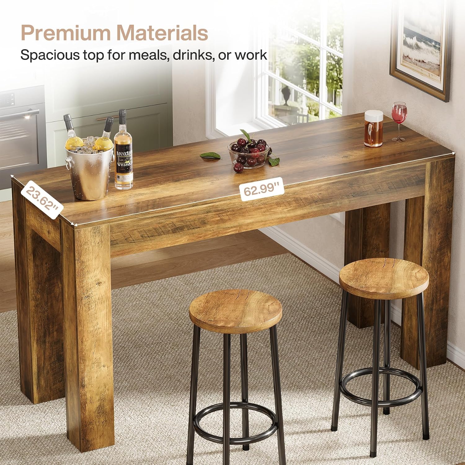 Tribesigns 63' Long Bar Table, Wooden Counter Height Table with 4 Legs, Rectangular Pub Table for Kitchen, Home Bar & Living Room, Rustic Brown (Rustic Brown)