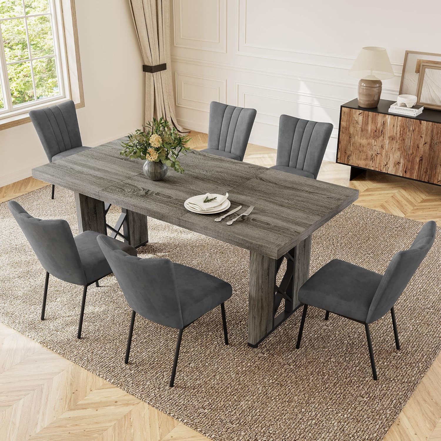 HIPIHOM 7-Piece Dining Table Set for 6 People, 70.8' MDF Kitchen Table with 6 Velvet Chairs, Space-Saving for Dining Room, Breakfast Nook(Grey Table+6 Grey Chairs)