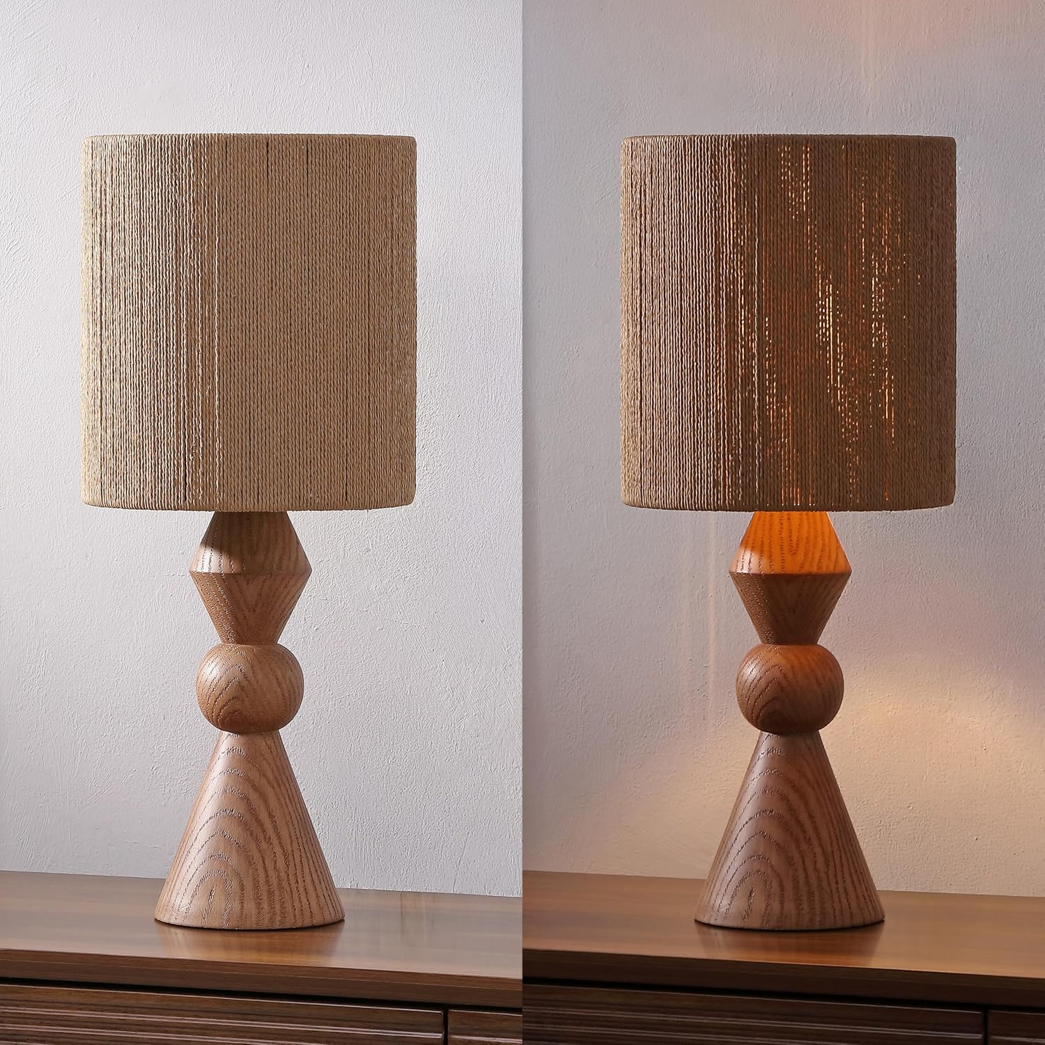 JONATHAN Y 23.5' Brown Wood Finish Rustic Table Lamp for Living Room Bedroom with Brown Paper Rope Shade, Modern Farmhouse Resin Nightstand Lamp, LED Bulb Included JYL9202A