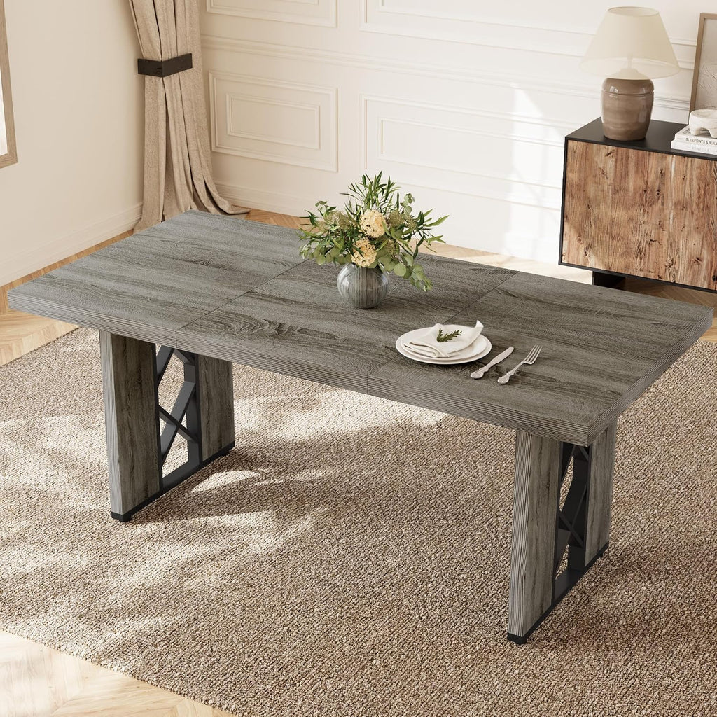 HIPIHOM 70.8' Farmhouse Dining Table for 6 People, Large Rectangle Kitchen Table with Heavy Duty Legs, Industrial Dining Room Furniture for Dinner, Grey