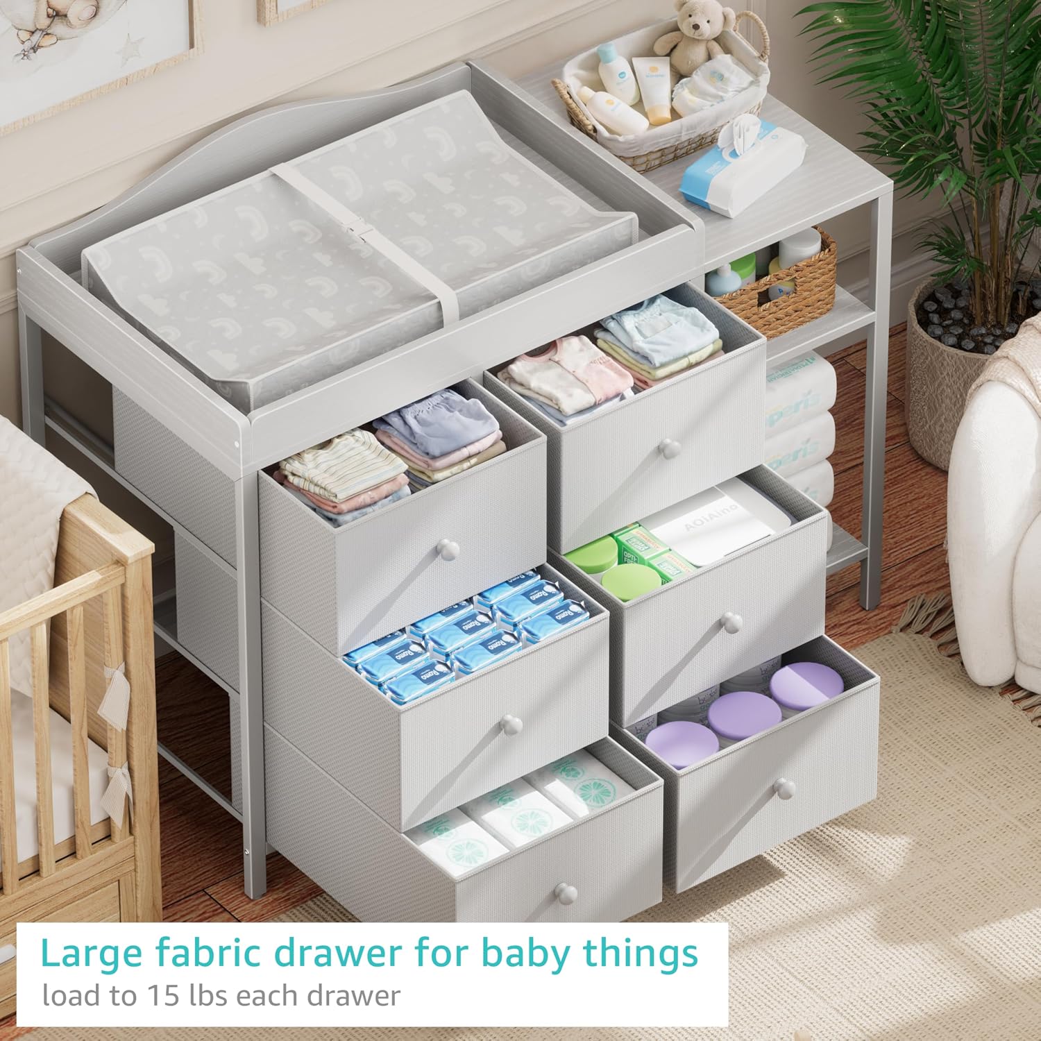 BOLUO Baby Dresser with Changing Table Top, Gray Changing Table Dresser with 6 Fabric Drawers Diaper Changing Station with Storage Shelf for Nursery Modern