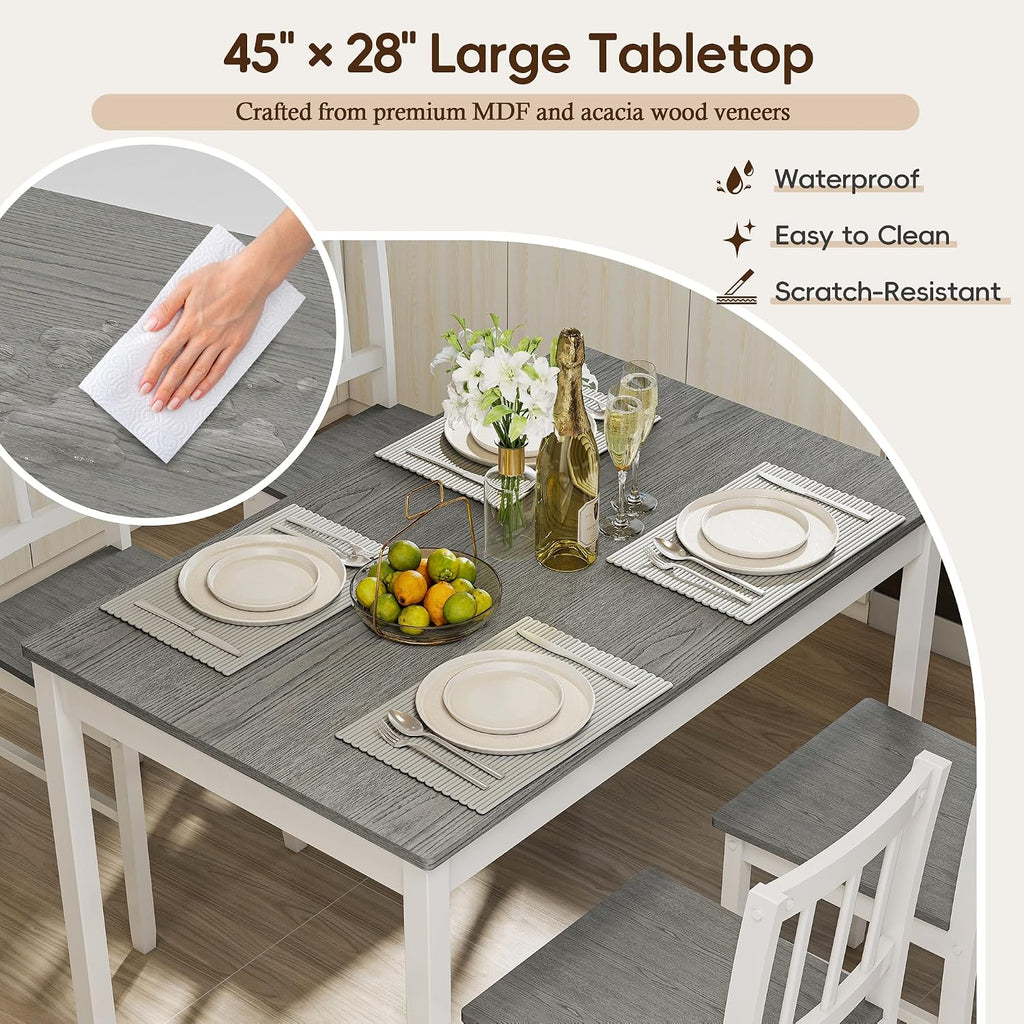 5-Piece Dining Table Set for 4, Solid Wood Farmhouse Rectangular Kitchen Table Set with 4 Chairs, Space-Saving Wooden Dinette Set for Small Space, Dining Room, Breakfast Nook, Grey & White
