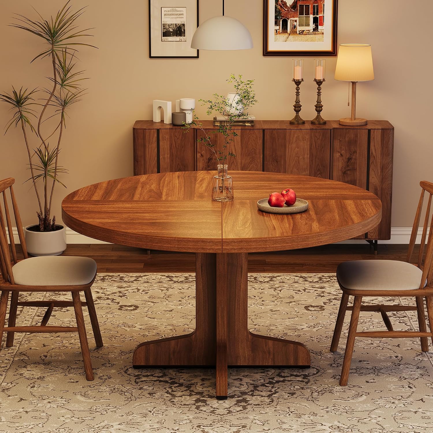 IDEALHOUSE Round Dining Table for 4, 47 Inches Dining Room Table with Wooden Base, Circle Kitchen Dinner Table for Dining Room, Kitchen, Living Room (Table Only), Walnut