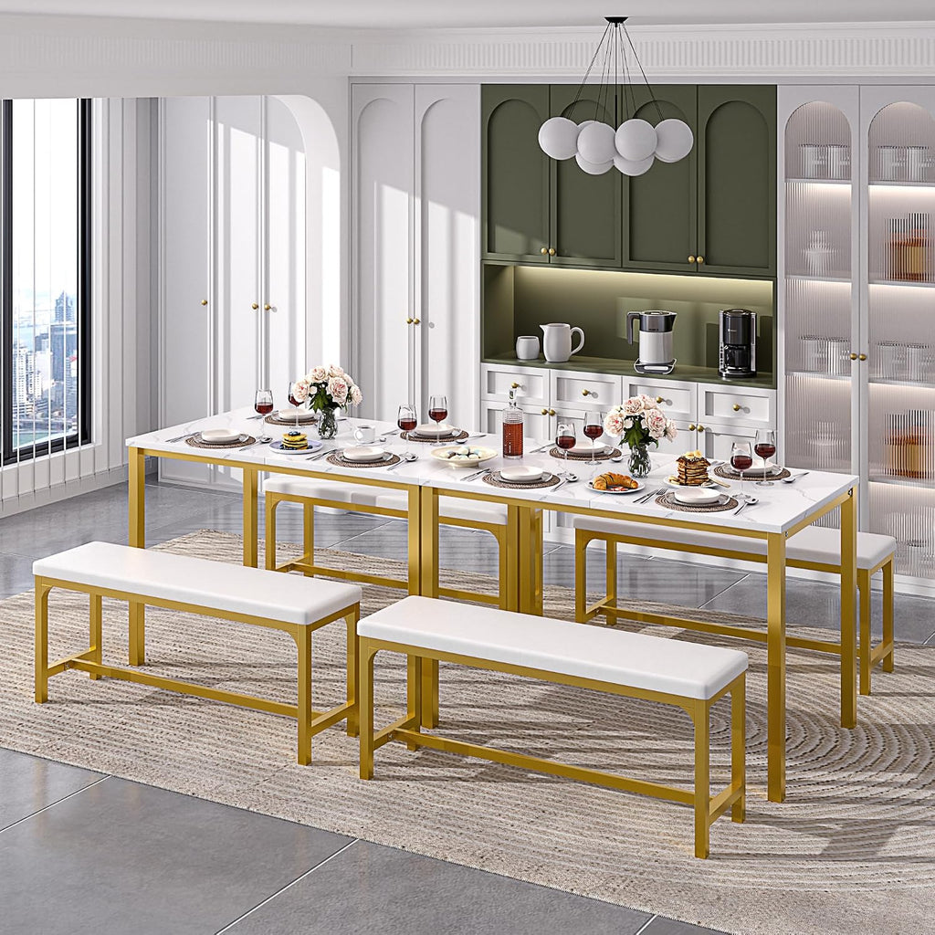 VECELO 3-Piece 63' Extendable Kitchen Table with Benches/Chairs, Modern Breakfast Dinette/Dining Room Set for 4/6/2, Small Space Saving Design, Easy Assembly