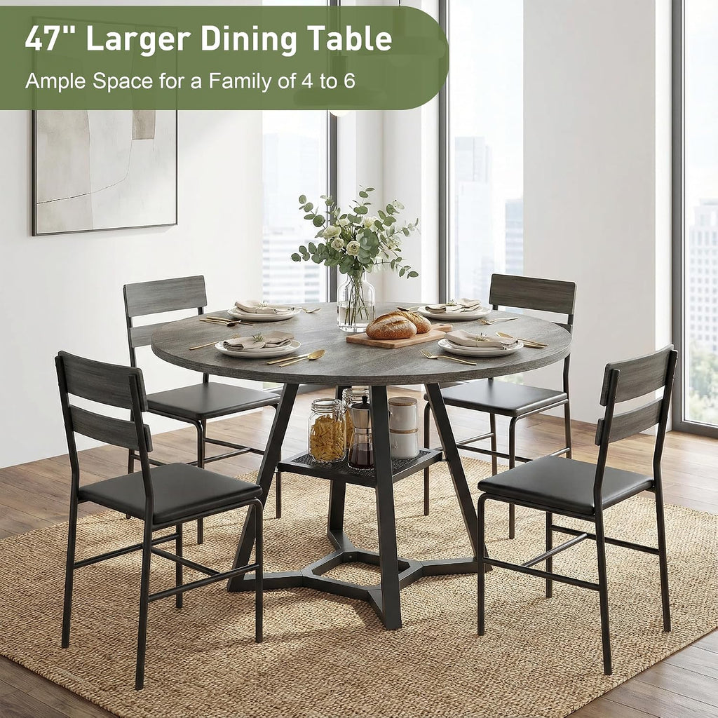 knoworld Round Dining Table for 4-6 with Storage Shelf, Kitchen & Dining Room Circle Pedestal Table,Heavy Duty Metal Frame & Wood Top