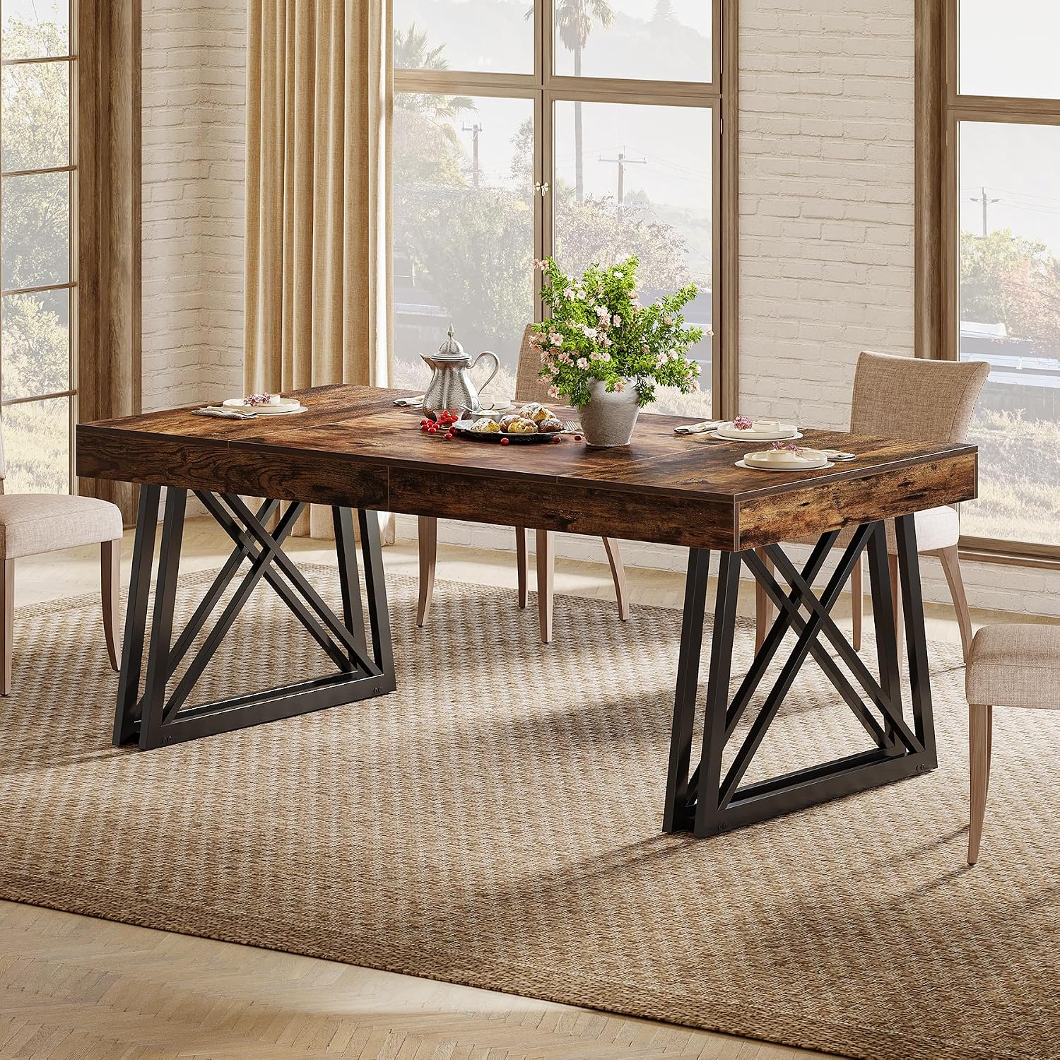 Tribesigns 63-Inch Dining Table for 4-6, Farmhouse Kitchen Table with Sturdy Metal Legs, Rectangular Dinner Furniture for Home, Living Room, Vintage Brown and Black