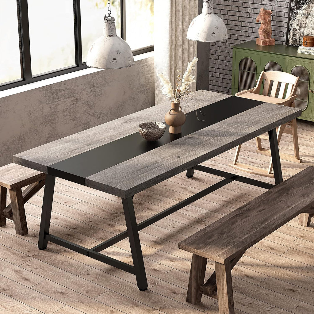 Tribesigns Dining Table for 8 People, 70.87-inch Rectangular Wood Kitchen Table with Strong Metal Frame, Industrial Large Long Dining Room Table for Big Family (Gray, No Chair)