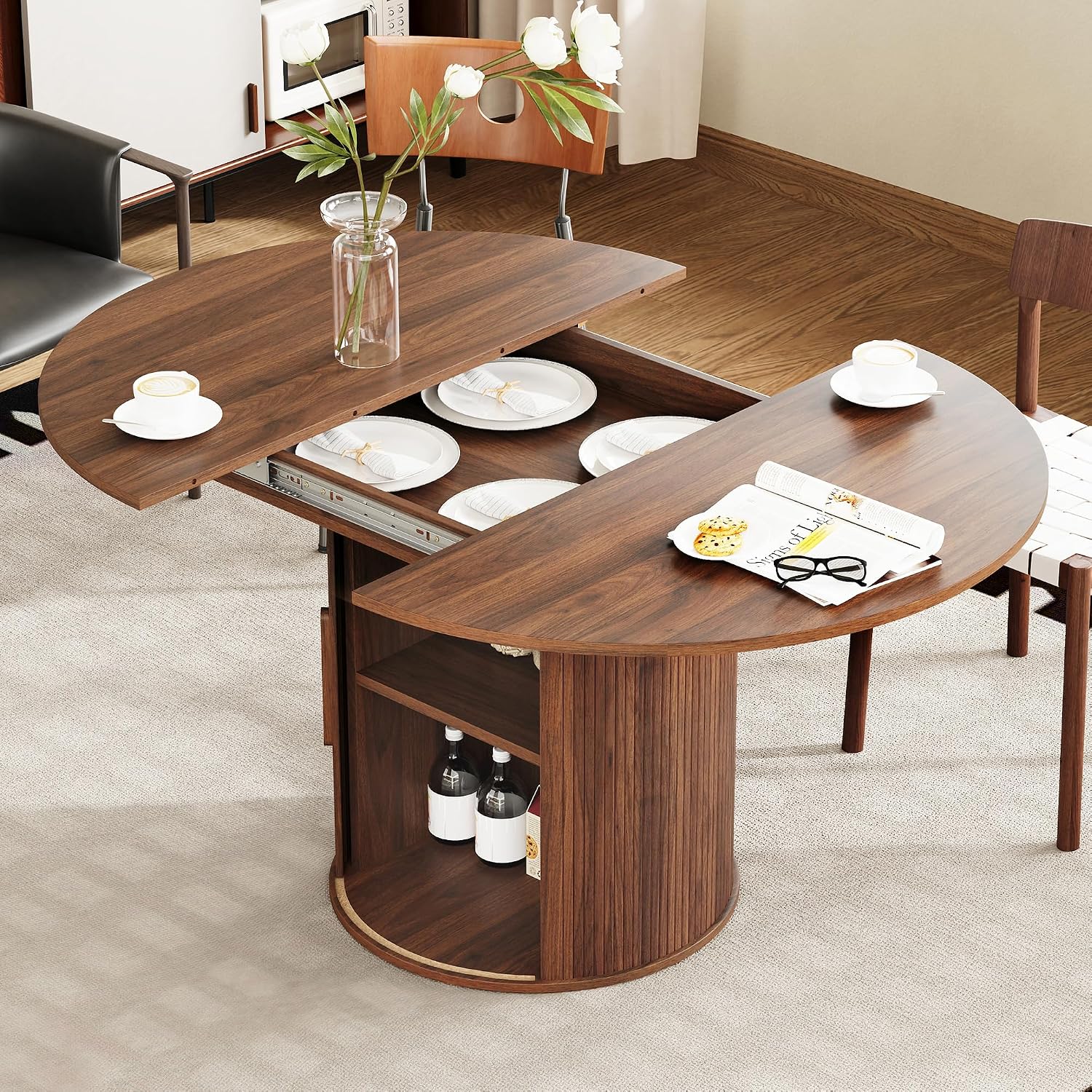 weselon 43'-59' Extendable Round to Oval Dining Table with Hidden Storage, Modern Wooden Kitchen Table with Fluted Sliding Door Cabinet, Expandable Dinner Table for Dining Room Living Room (Walnut)