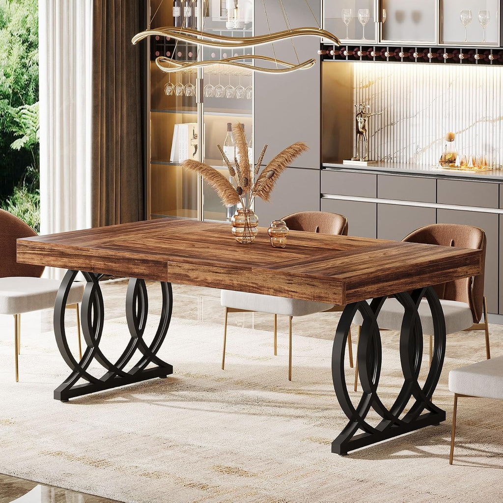Tribesigns 63-Inch Dining Table for 4-6, Modern Kitchen Table with Faux Marble Tabletop and Geometric Legs, Rectangle Dining Room Furniture for Living Room, Kitchen, Rustic Brown and Black