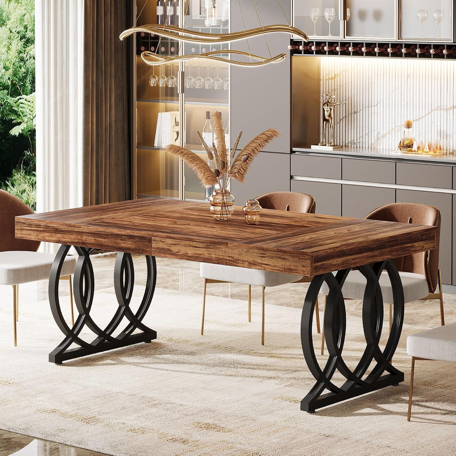 Tribesigns 63-Inch Dining Table for 4-6, Modern Kitchen Table with Faux Marble Tabletop and Geometric Legs, Rectangle Dining Room Furniture for Living Room, Kitchen, Rustic Brown and Black