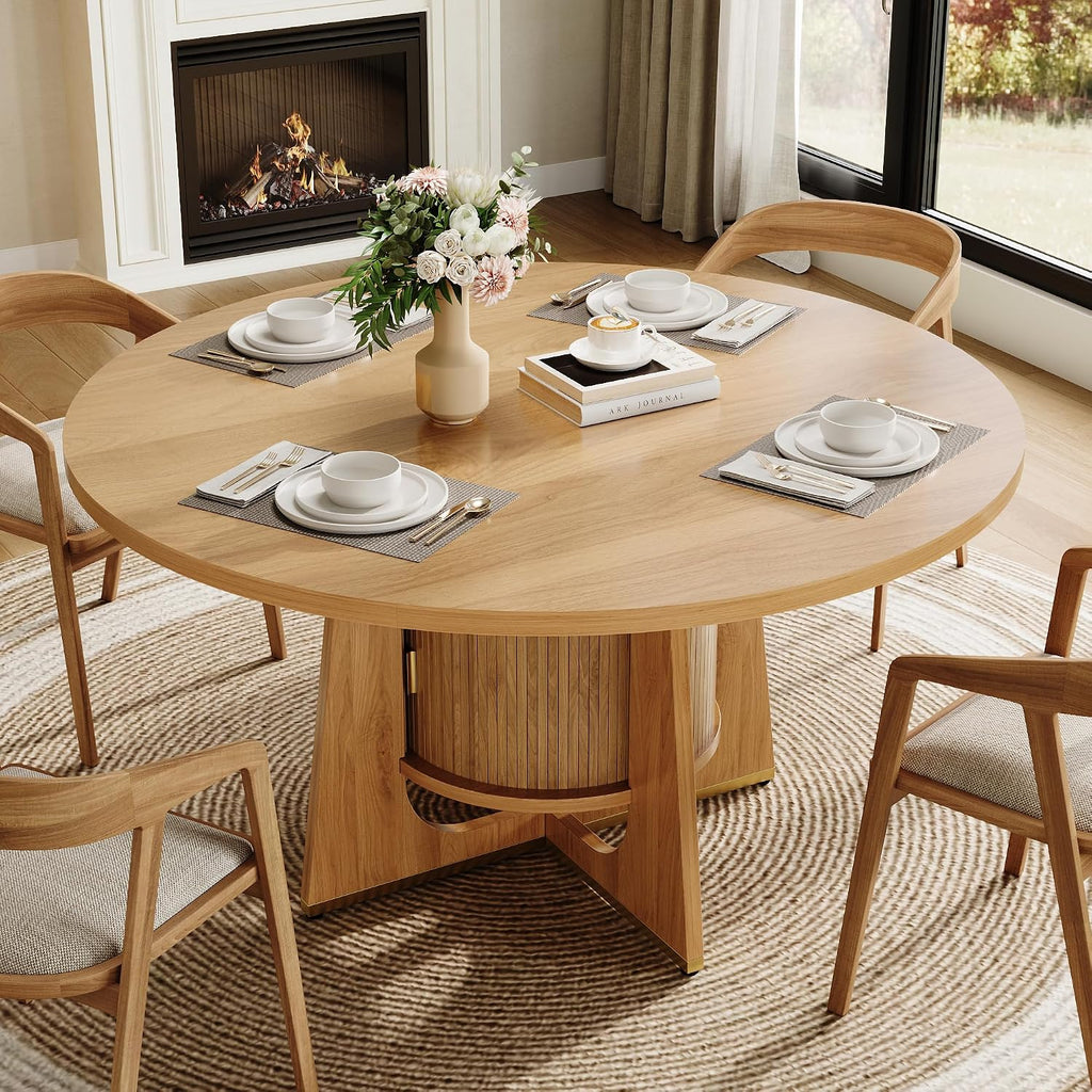 IRONCK 47 Inch Round Dining Table for 4-6 People with Built-in Storage Cabinet, Mid-Century Modern Kitchen Table for Dining Room, Kitchen, Living Room (Natural Wood)