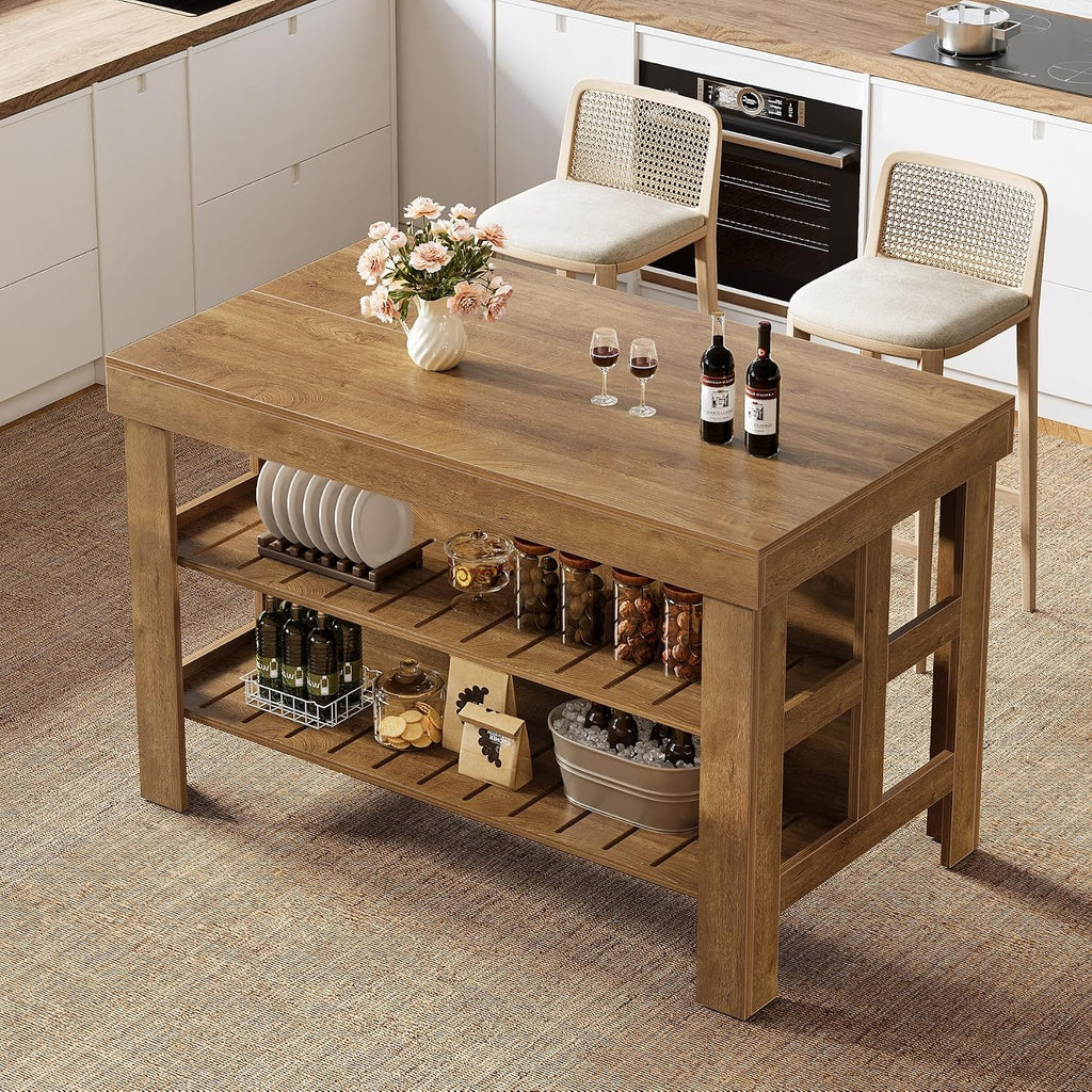 Tribesigns Kitchen Island with Seating and Storage Shelves, 55.1-Inch Breakfast Counter Farmhouse Island Table for Kitchen Dining Room (All Brown)