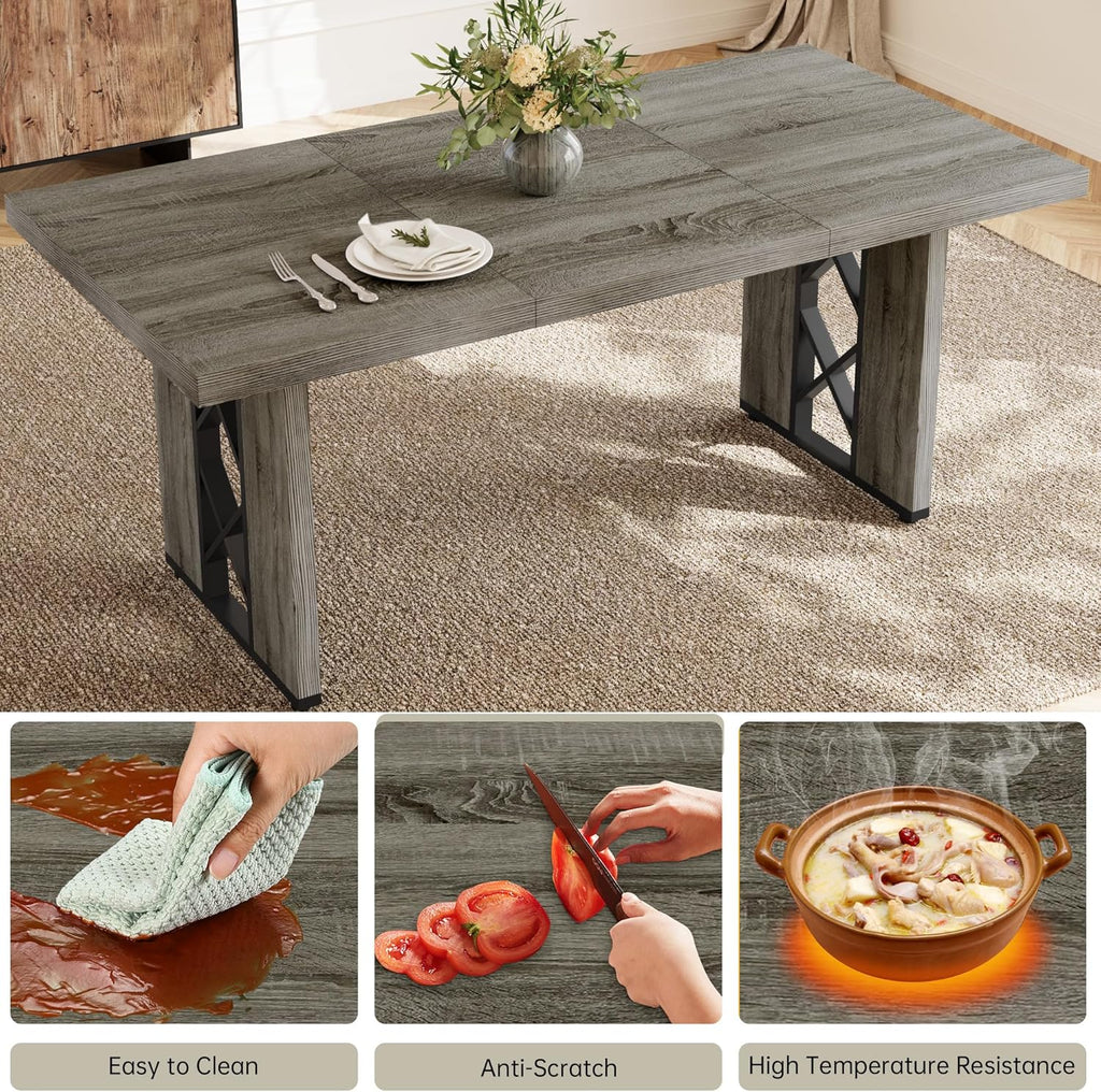 HIPIHOM 70.8' Farmhouse Dining Table for 6 People, Large Rectangle Kitchen Table with Heavy Duty Legs, Industrial Dining Room Furniture for Dinner, Grey