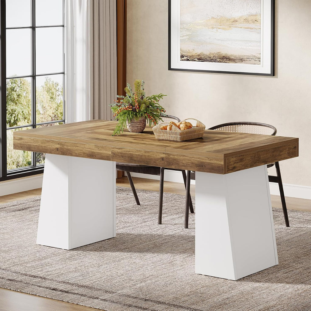 Tribesigns 55-Inch Dining Room Table for 4, Mid-Century Modern Dining Table with Double Pedstral, Rectangular Wood Kitchen Dinner Tables for Dining Room, Kitchen, Home, White & Brown(Only Table)
