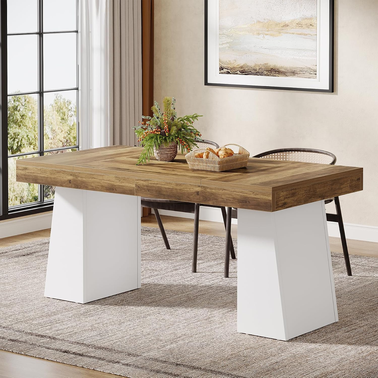 Tribesigns 55-Inch Dining Room Table for 4, Mid-Century Modern Dining Table with Double Pedstral, Rectangular Wood Kitchen Dinner Tables for Dining Room, Kitchen, Home, White & Brown(Only Table)