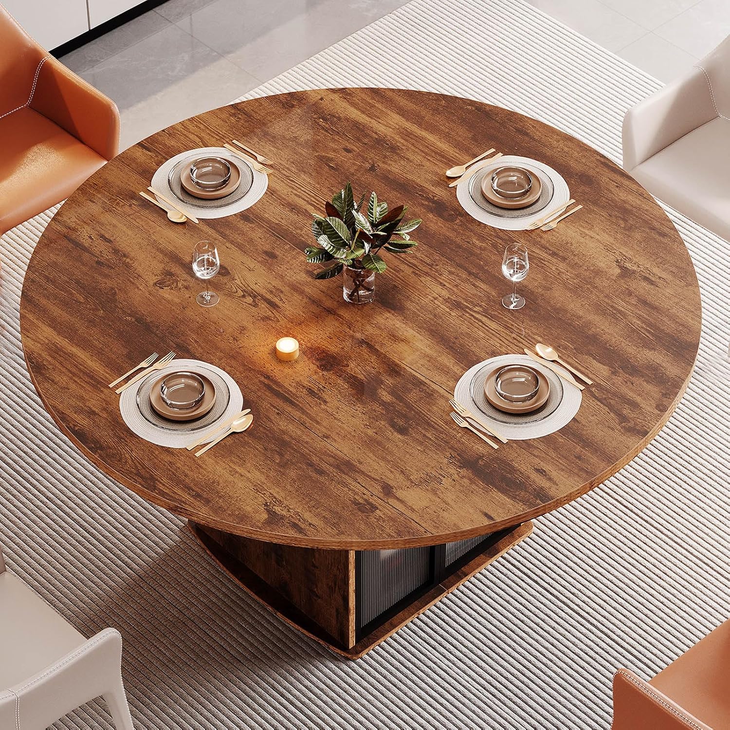 IBF Round Dining Table with Storage, Wood Kitchen Table with Fridge Space, Rustic Circle Dining Room Tables for 4-6, Farmhouse Circular Dinner Tables for Home, Rustic Brown, 47 Inch, Only Table