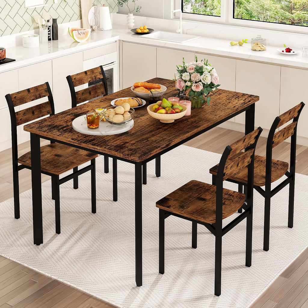 DKLGG Dining Room Table Set for 4 Farmhouse 5 Piece Dining Table Set, Small Kitchen Table Set for 4 for Kitchen and Dining, Apartment (Rustic Brown)