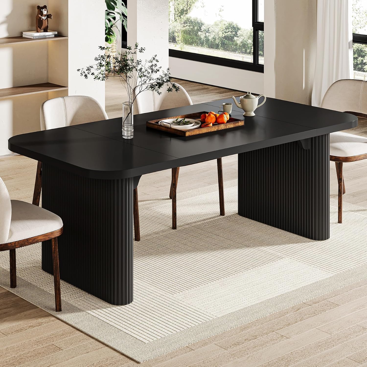 Tribesigns Modern Dining Table for 6 People, 62-Inch Black Kitchen Table with Double Robust Pedestal, Long Rectangle Wood Dinner Table for Dining Room, Coffee Black
