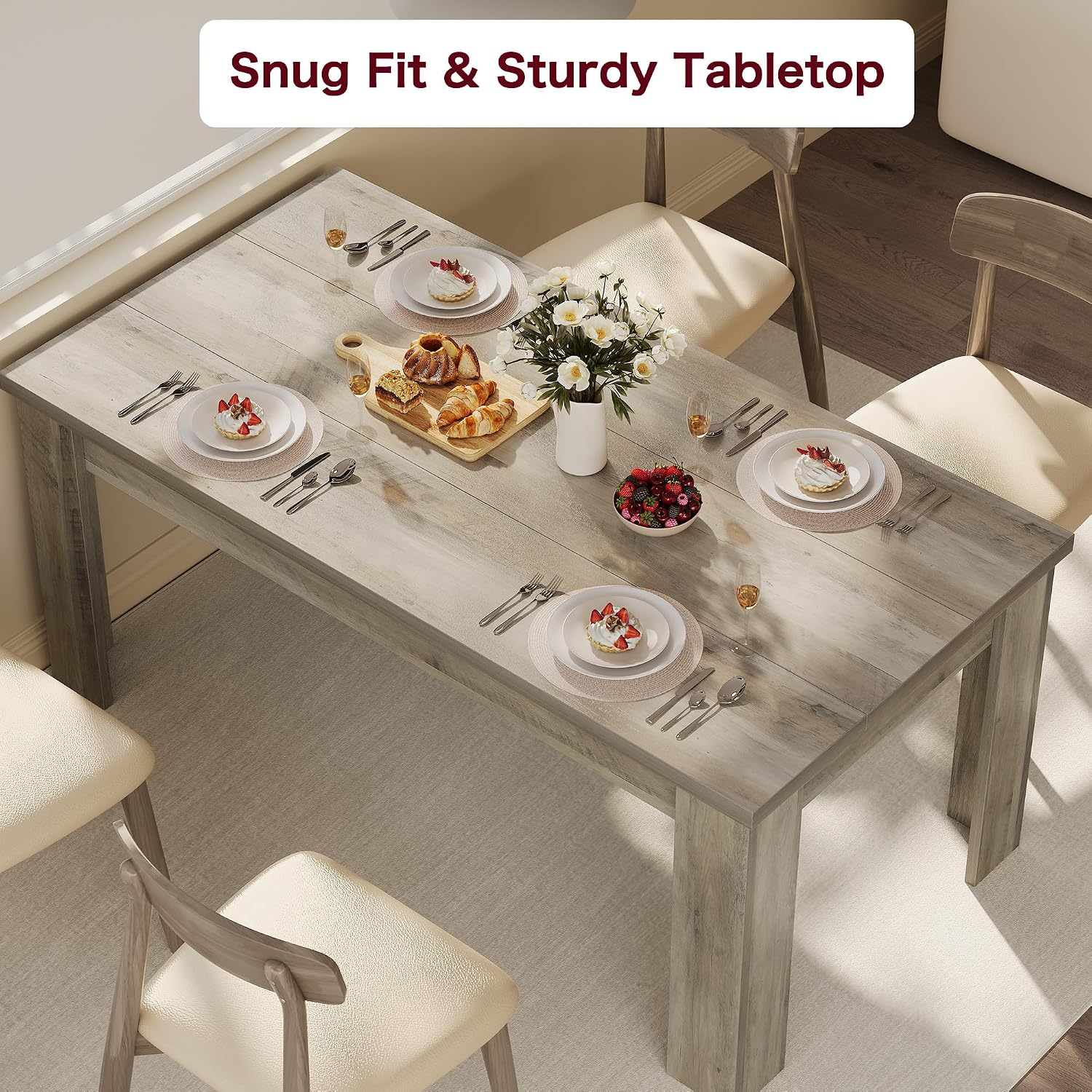 CABIHOME 63' Rectangular Dining Table for 4-6, Farmhouse Large Kitchen Table, Sturdy Frame, 4 Triangular Stable Legs, Thickened Tabletop, Ideal for Apartment, Dining Room, Small Space, Retro Gray