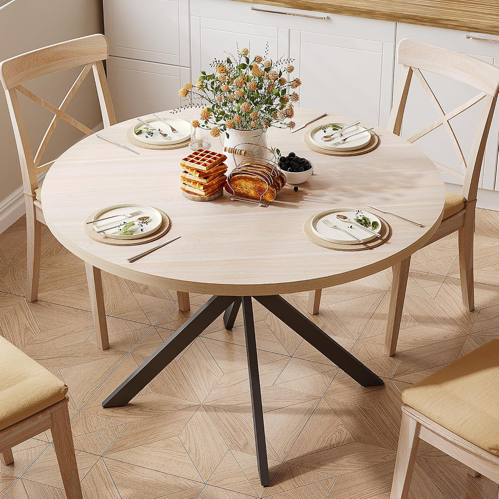 ChooChoo 47.2 Inch Round Dining Table for 4, Farmhouse Wood Kitchen Table, Circle Dinner Table for Kitchen & Dining Room, Natural Oak
