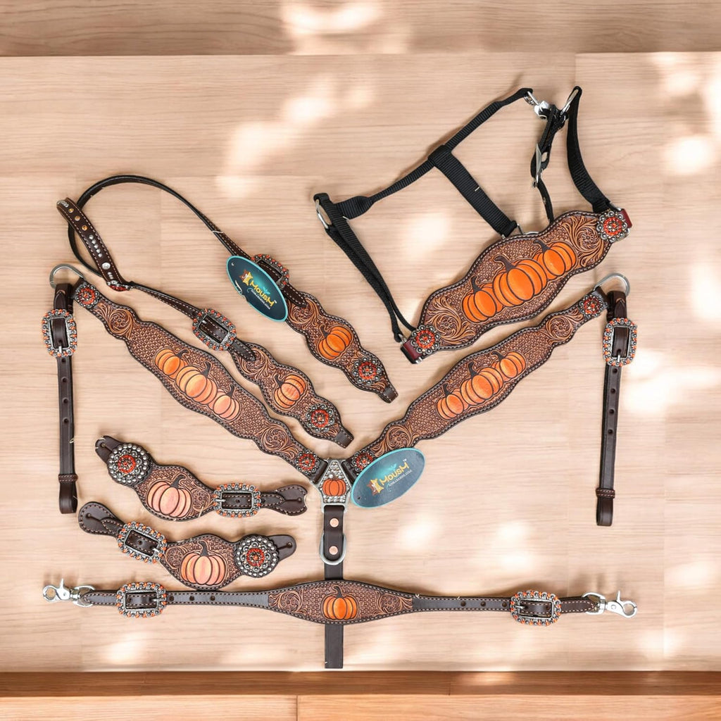 Spooky Western Leather Horse Tack Set - Hand Painted Halloween Pumpkin Headstall & Breast Collar with Floral Tooling, Rhinestones, and Window Carving