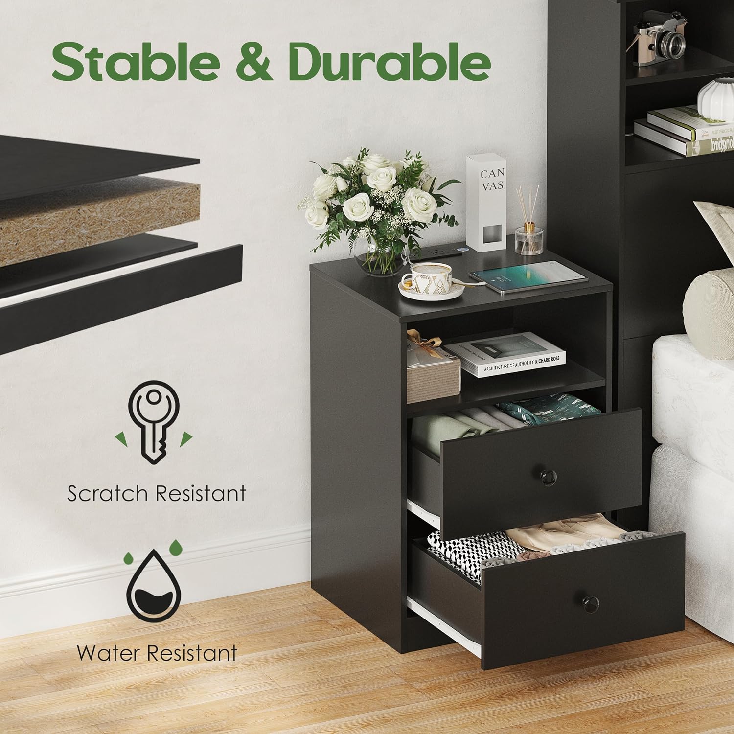 Nightstand Set of 2 Bedside Table with Charging Station & LED Lights Wood Side Table with 2 Drawers Black End Table for Bedroom Living Room