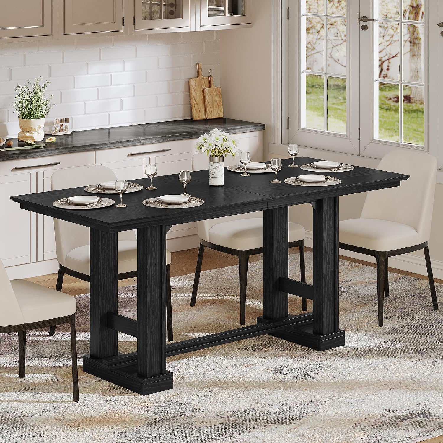 DWVO Farmhouse Dining Table for 6-8 People, 70' Long Kitchen Tables with Wooden Sturdy Legs, Large Rectangular Dinner Table for Kitchen, Dining Room, Living Room, Black