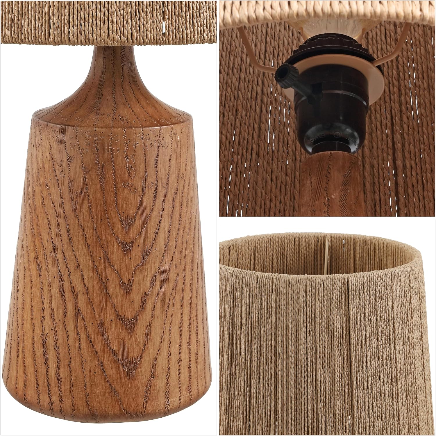 JONATHAN Y 22.25' Brown Wood Finish Classic Cottage Table Lamp for Bedroom, Tapered Resin Body with Brown Paper Rope Shade, LED Bulb Included JYL9201A