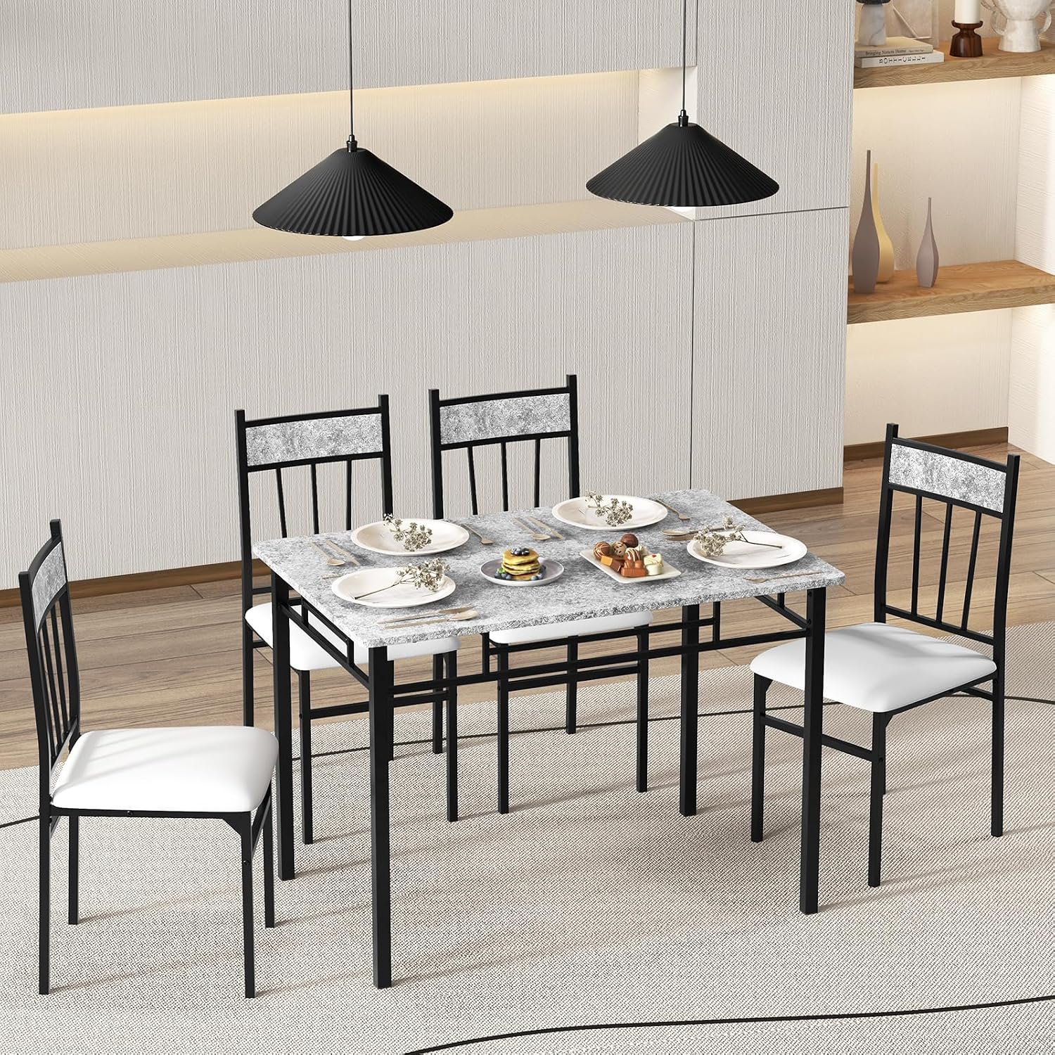 Tangkula Dining Table Set for 4, Kitchen Table and Chairs Set with Metal Frame & Padded Seat, Dining Table and Chairs Set of 4 for Dining Room, Space Saving
