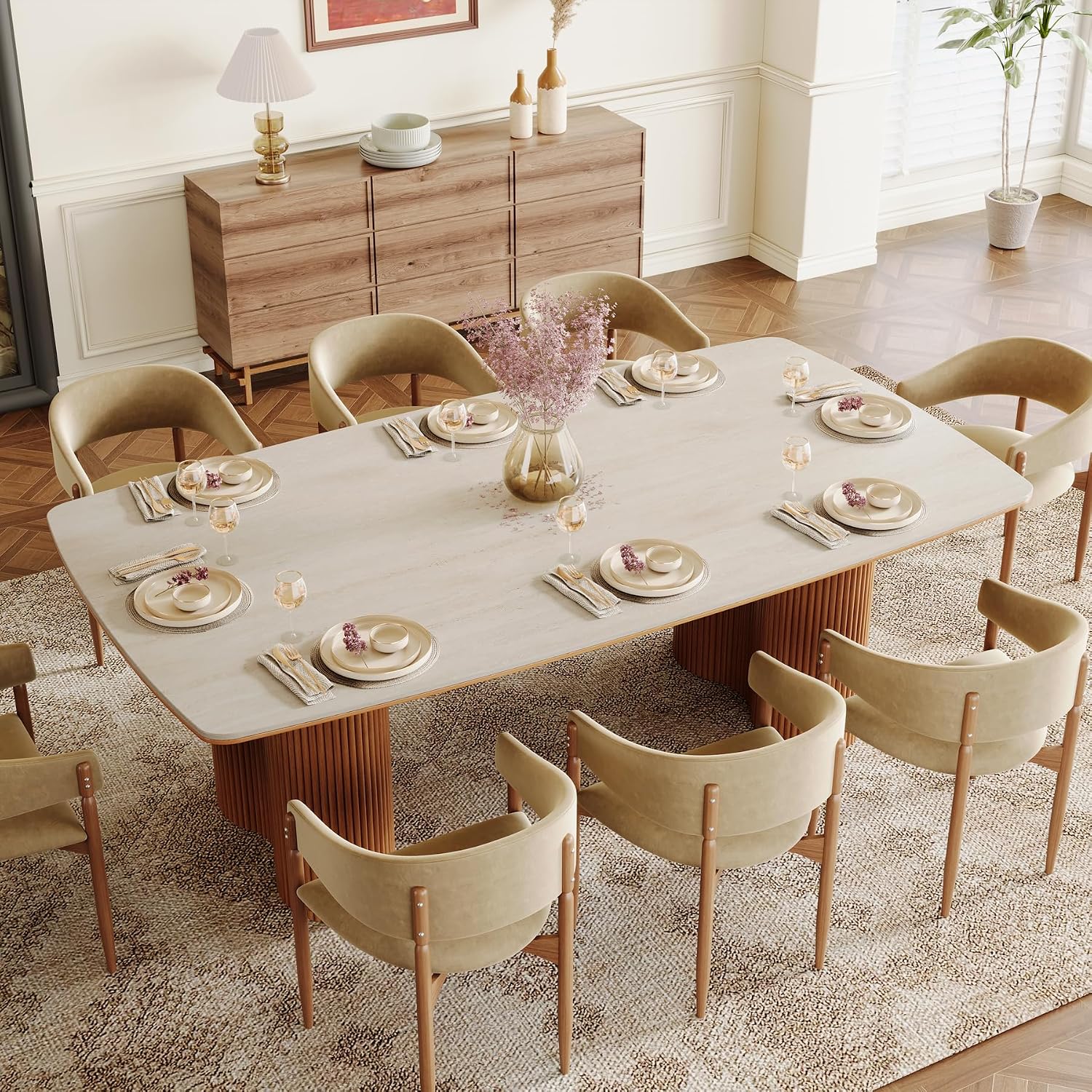 Tribesigns 78.7' Sintered Stone Dining Table for 8-10，Luxury Rectangular Kitchen Table with Solid Wood Legs, Mid-Century Dining Room Table for Living Room