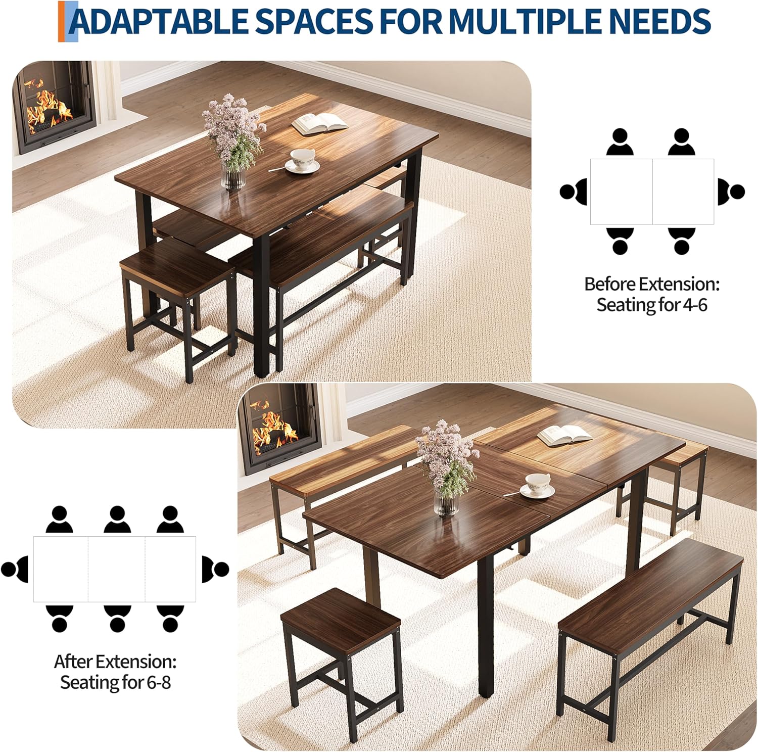 GarveeHome 5-Piece Dining Table Set for 4-8 People, 63 in Large Extendable Kitchen Table Set with 2 Benches and 2 Square Stools, Modern Dining Room Furniture Sets, Easy Assembly, Espresso