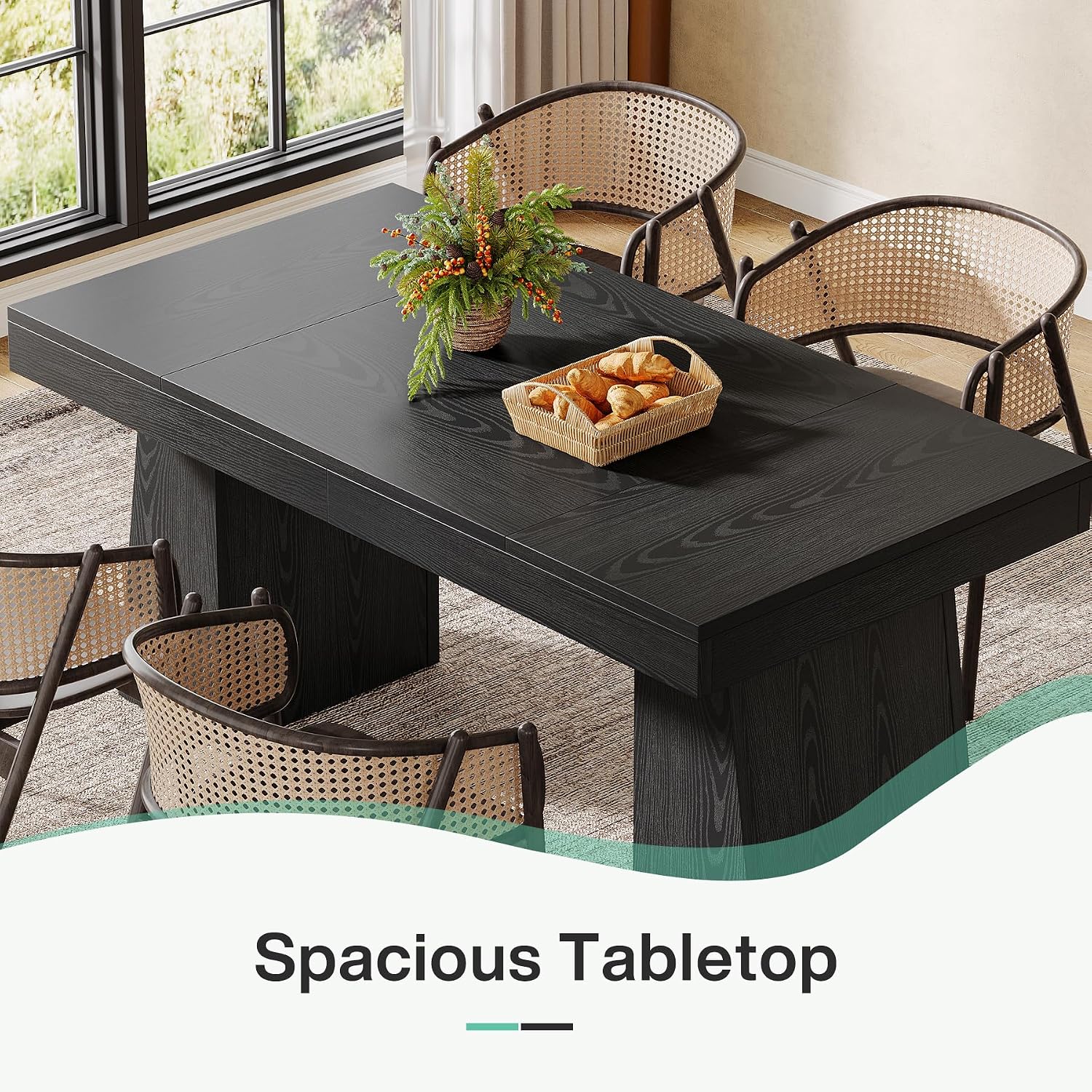 Tribesigns Black Dining Room Table for 4-6, 55-Inch Mid-Century Modern Dining Table with Double Pedstral, Rectangular Wood Kitchen Dinner Table for Dining Room, Kitchen, Home