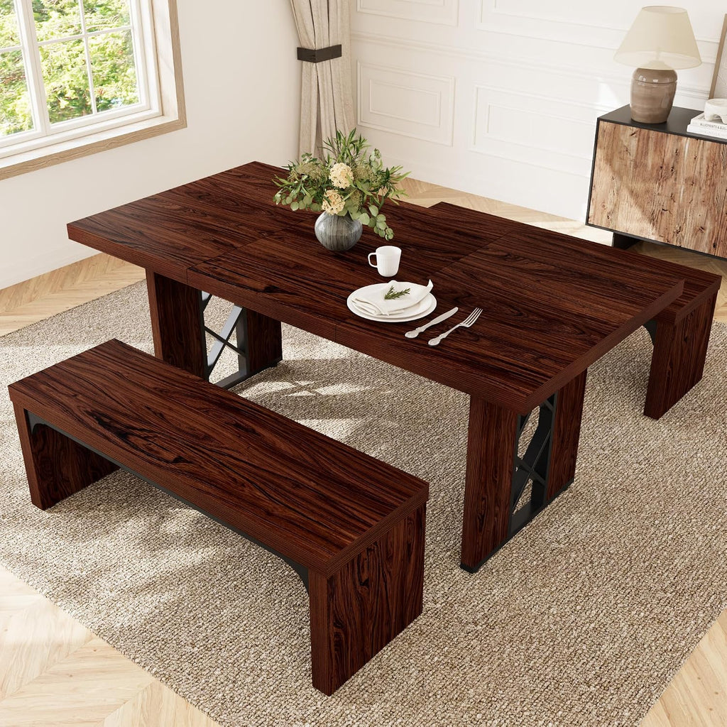 HIPIHOM 3-Piece Dining Table Set for 6 People, 70.8'' Rectangle Kitchen Table with 2 Benches for Breakfast Nook, Dining Room Furniture(Walnut Table+2 Benches)