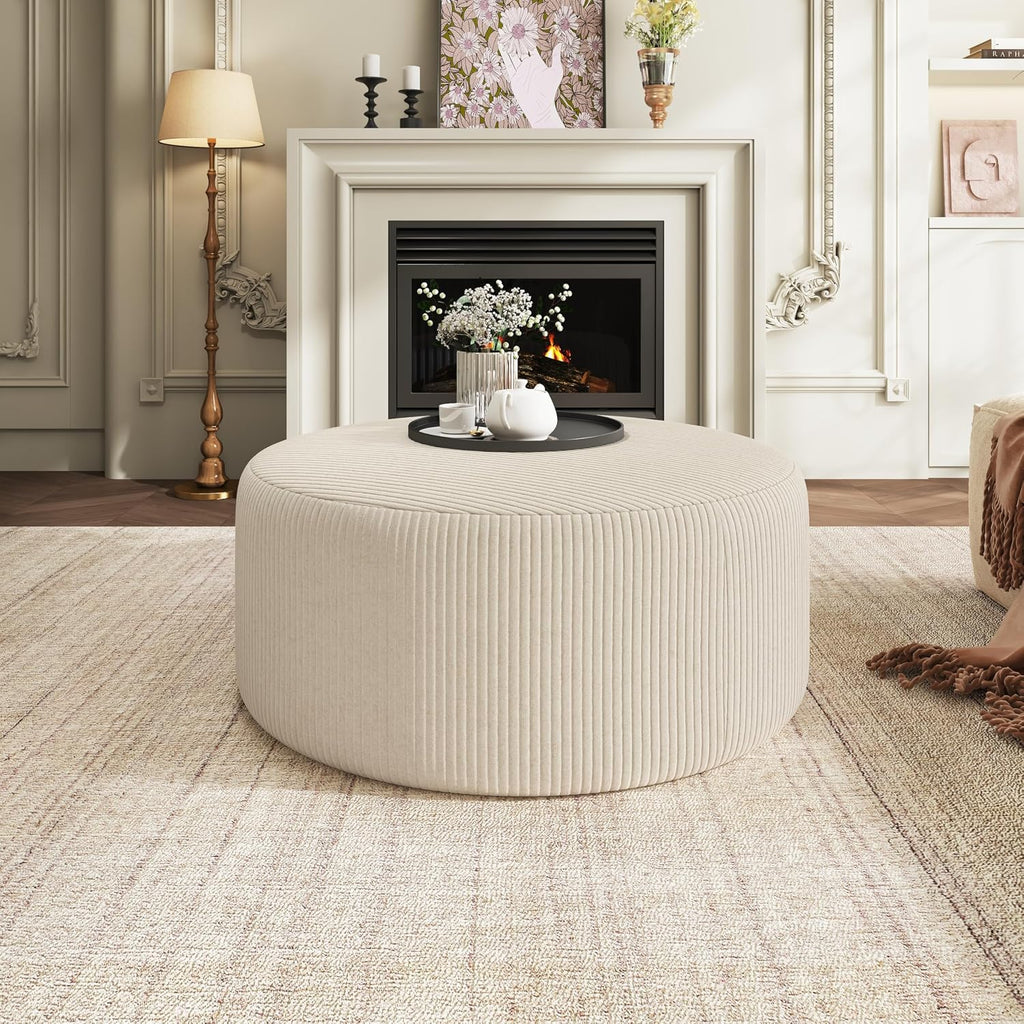 Christopher Knight Home GAVI 30' Ottoman Foot Stool, Corduroy Pouf Footstool Ottoman Seat, Upholstered Foot Chair, Round Footrest, Modern Side Table for Living Room Bedroom Home Decor, Beige