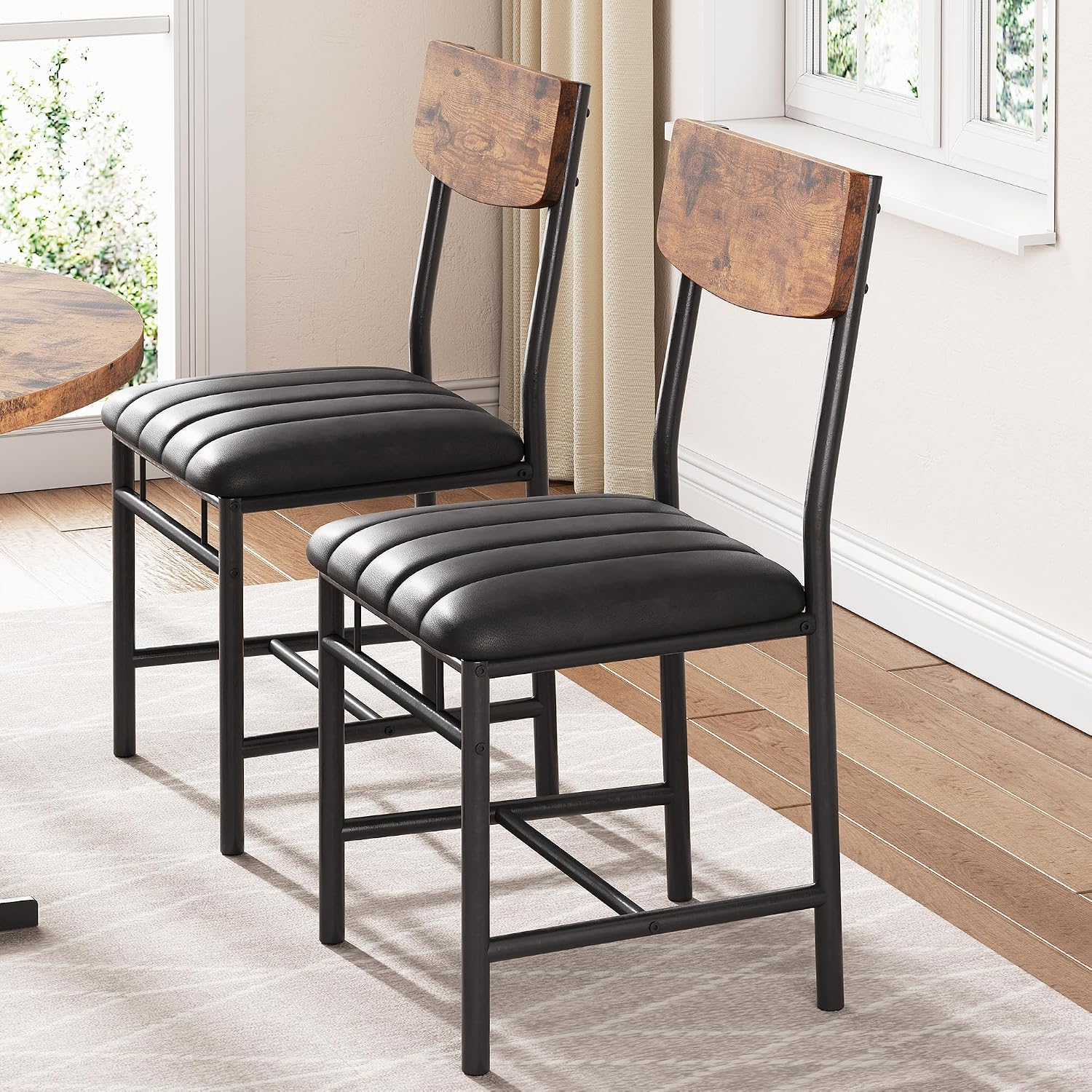 Jocoevol Industrial Dining Chairs Set of 4 - Upholstered Dining Room Chairs with PU Leather, Kitchen Chairs with Wooden Backrest and Thickened Metal Legs, for Dining Room, Living Room（Rustic Brown）