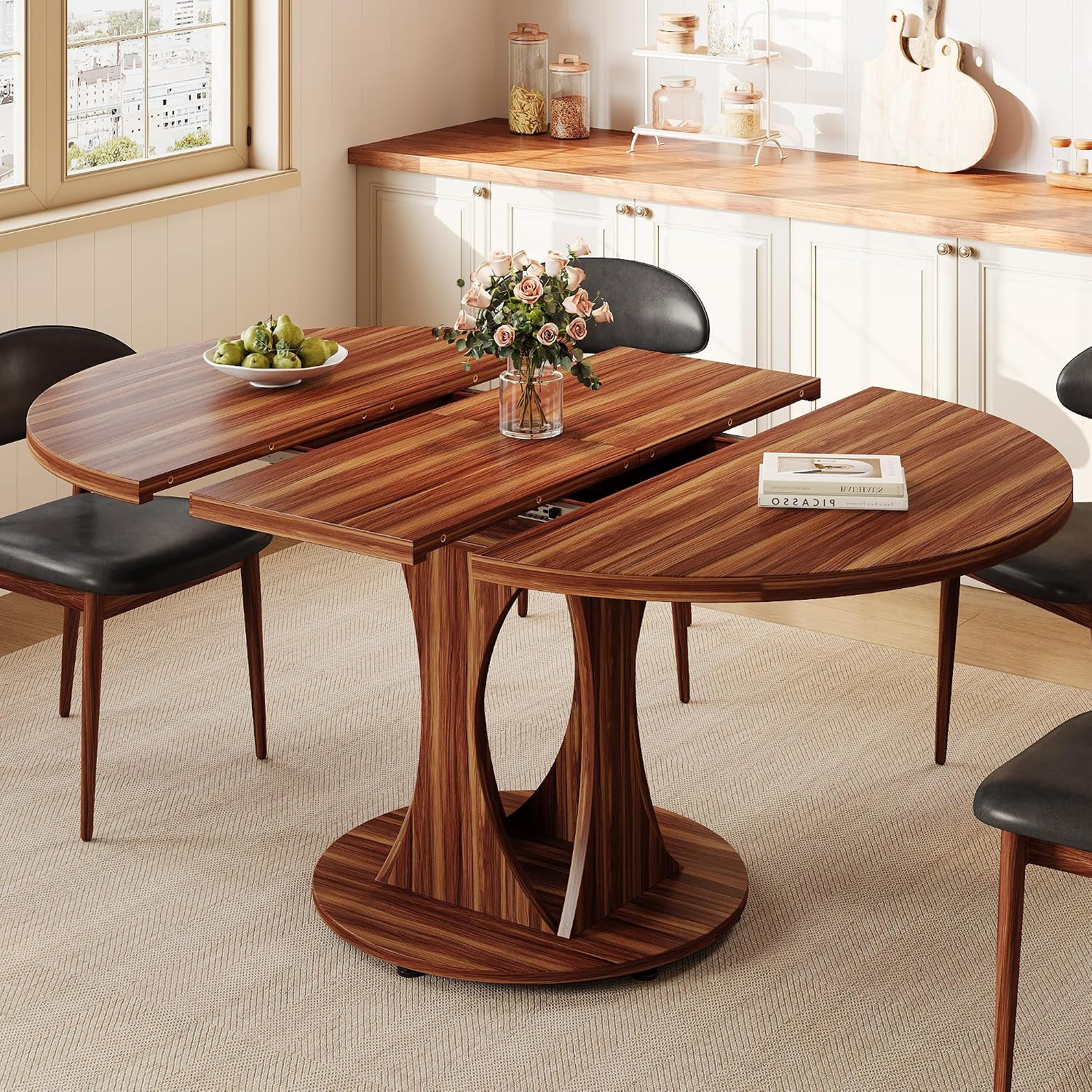 Einhomn 59' Extendable Round Dining Table for 6-8, Kitchen Table with Sturdy Double Arc Base & Backboard Clasp Desktop, Mid-Century Modern Dinner Table, Kitchen Dining Room, Space Saving, Walnut