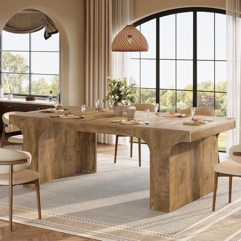 Tribesigns 71-Inch Farmhouse Dining Table for 6-8, Long Wooden Kitchen Table with Arched Design, Large Rectangular Dining Room Furniture with Double Pedestal for Dinner, Banquet, Natural Wood Grain