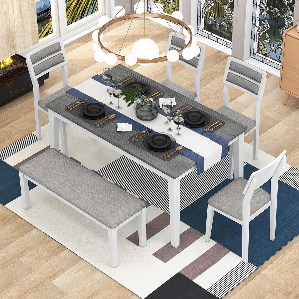 Merax 6-Piece Solid Wood Dining Table Set for 6, Farmhouse Kitchen Room Table Set with 1 Bench and 4 Upholstered Chairs, Wooden Legs Dining Set for Living Room, Kitchen - White+Gray
