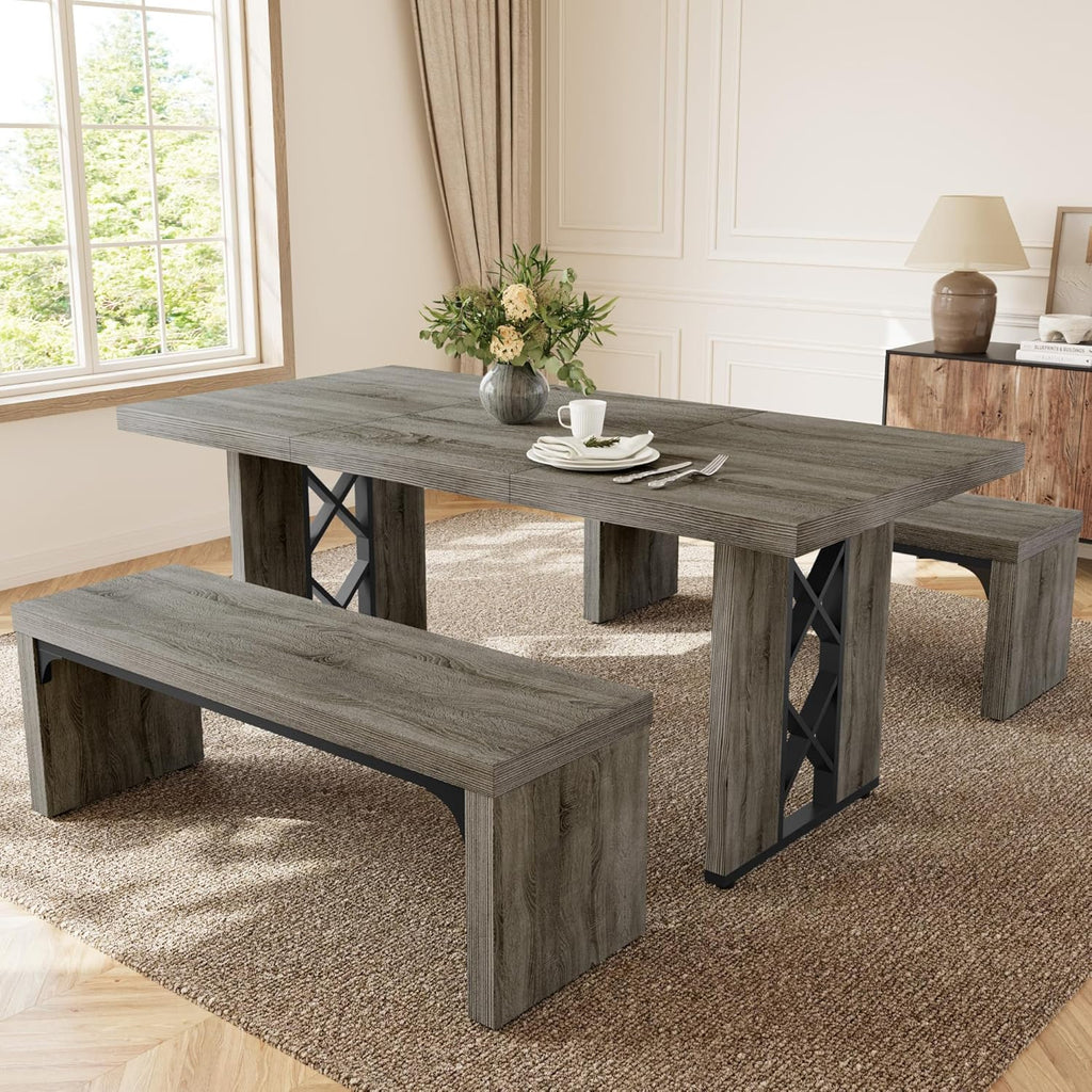 HIPIHOM 3-Piece Dining Table Set for 6 People, 70.8'' Rectangle Kitchen Table with 2 Benches for Breakfast Nook, Dining Room Furniture(Grey Table+2 Benches)