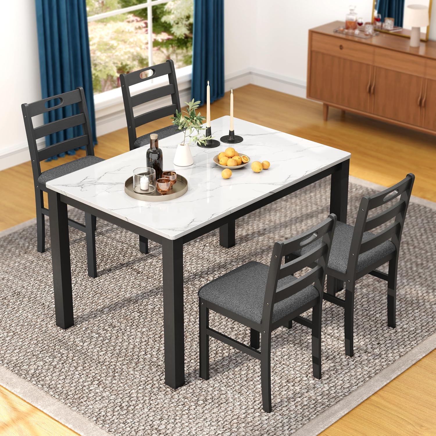 Sophia & William 5 Piece Dining Table Set for 4, Faux Marble Kitchen Table and Chairs Set, Solid Wood Farmhouse Dinner Table Set,Venatino White Marble & Black