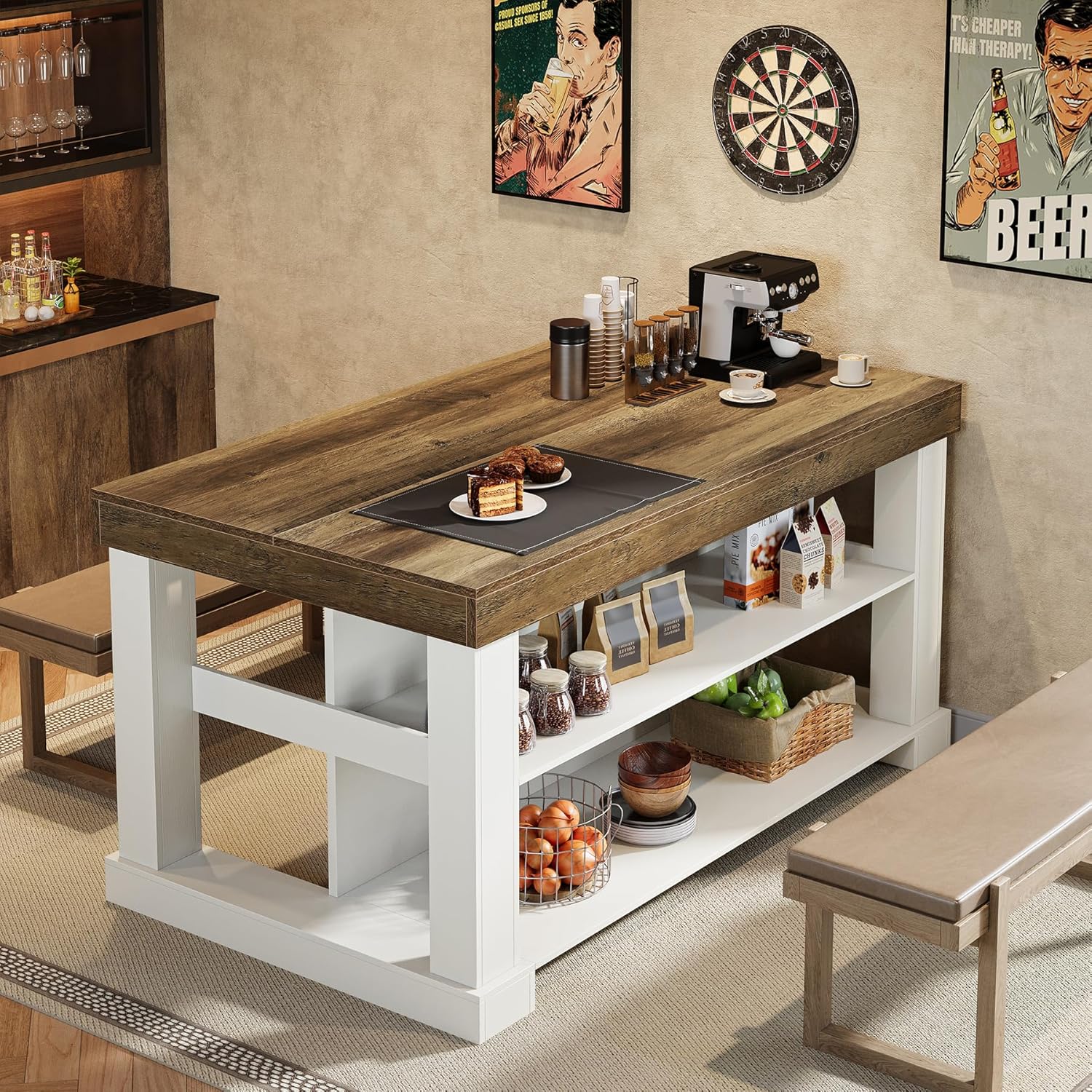 Tribesigns 55' Kitchen Island with Seating and Storage, 3-Tier Farmhouse Wood Stationary Island Table with Large Worktop & Leg Room, Coffee Bar with Storage Shelf for Kitchen, White and Brown (2PC)
