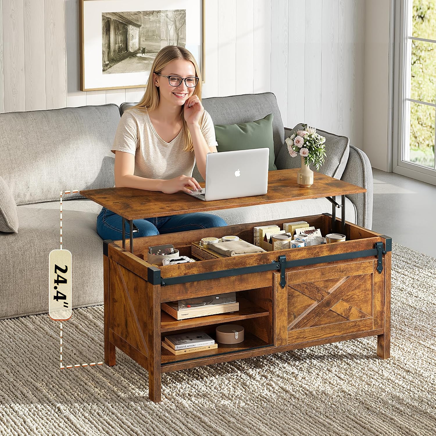 WLIVE Lift Top Coffee Table, 39.4' Farmhouse Coffee Table with Large Hidden Storage Compartment, Sliding Barn Doors, Modern Wood Center Table for Living Room, Office, Rustic Brown
