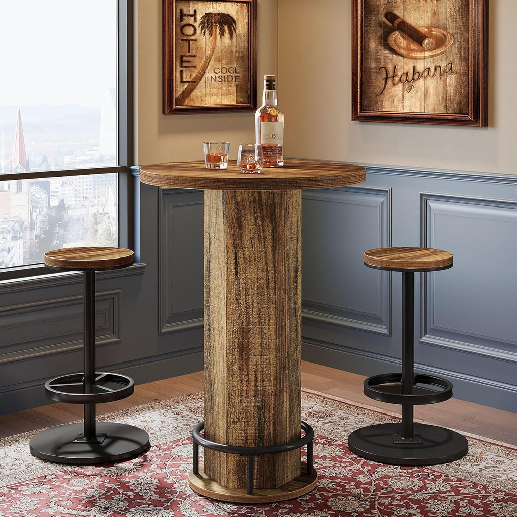 Tribesigns Round Bar Table Set of 2, Industrial Bistro Sets with 2 barstools, Pub Cocktail Table with Metal Ring Footrest for Kitchen Nook, Apartment, Small Space