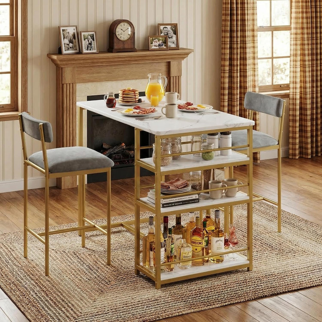 GarveeHome Dining Table Set for 2, Counter Height Kitchen Table with 2 Upholstered Bar Stools, Dining Table and Chairs Set with Storage Shelves, for Small Space, Apartment, Gold-Gray-White