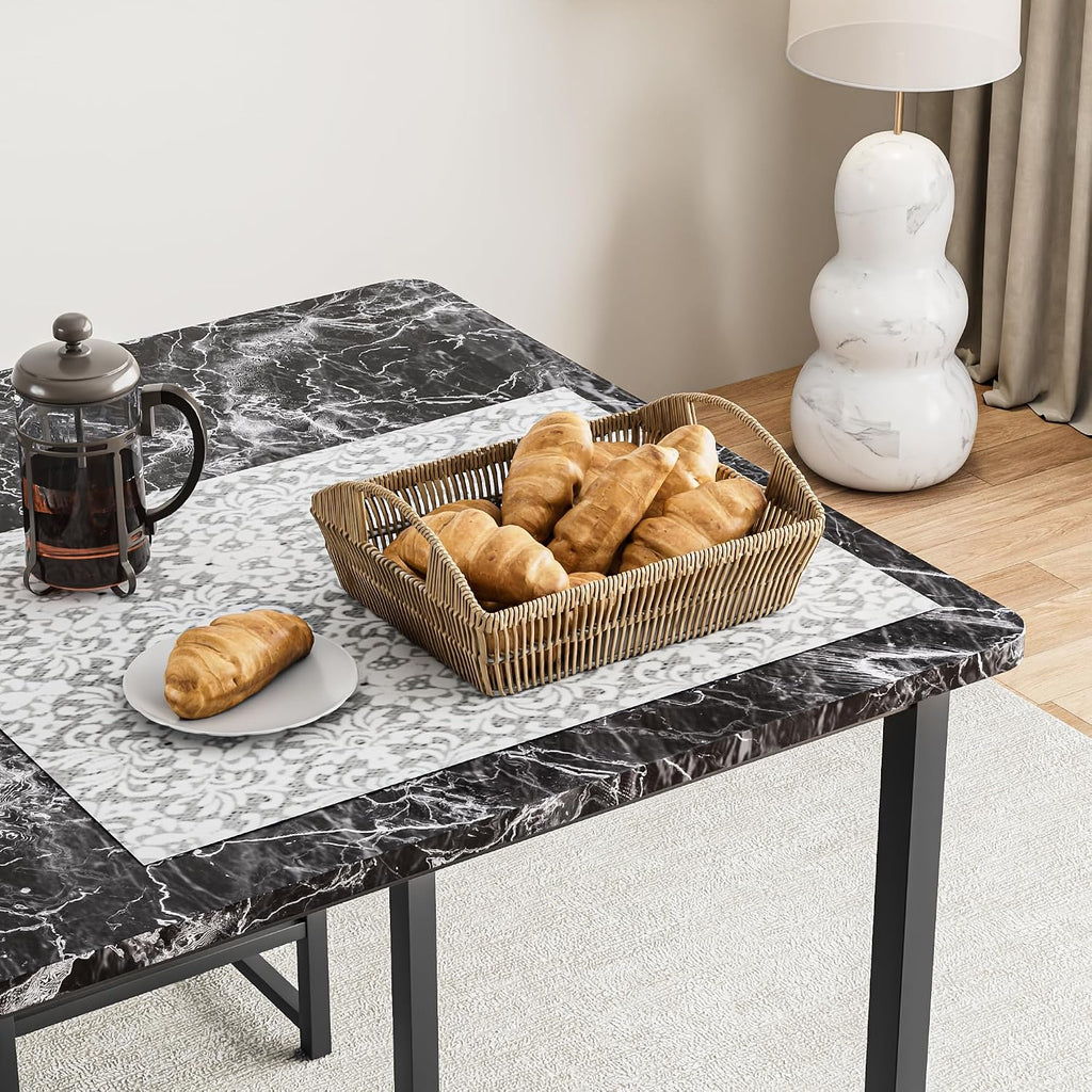 VECELO Kitchen Table and Chairs for 4, Dining Room Set with PU Chairs/Stools, Heavy-Duty Metal Frame, Faux Marble Tabletop, Space-Saving Design for Small Spaces, Easy Assembly, Veined Black