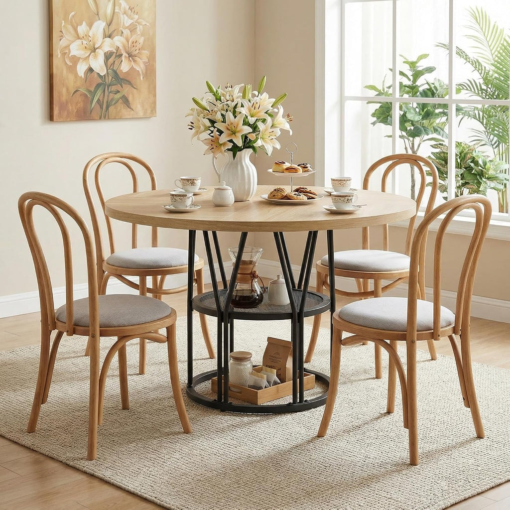 Garvee Round Dinning Table for 4-6 - 47' Circle Dinner Table with Storage Shelf & Sturdy Metal Frame, Modern Breakfast Tea Desk for Kitchen, Living Room, Apartment, Office, Natural