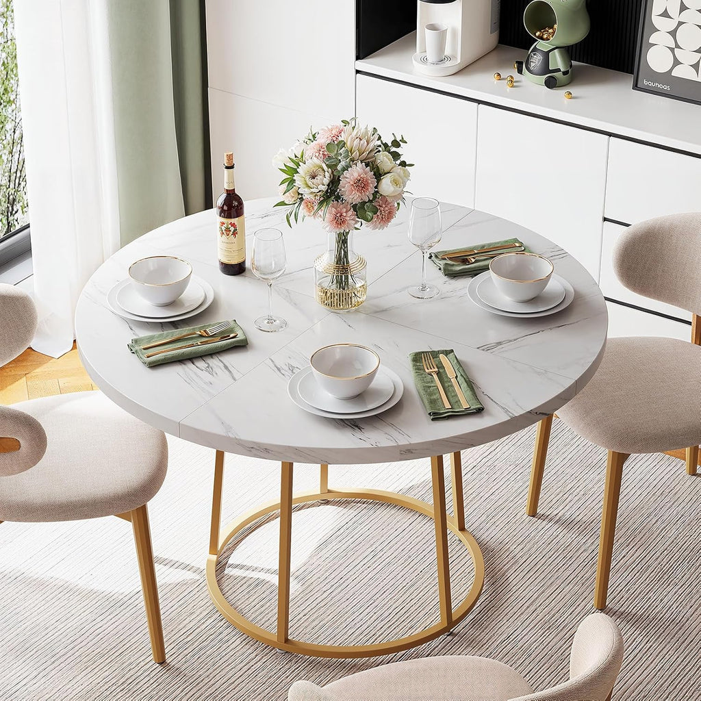 ONBRILL Round Dining Table, 47.24 Inch, Wooden Faux Marble with Gold Base, Circle Modern Small Table for Home Dining Room, Kitchen, Restaurant (White)