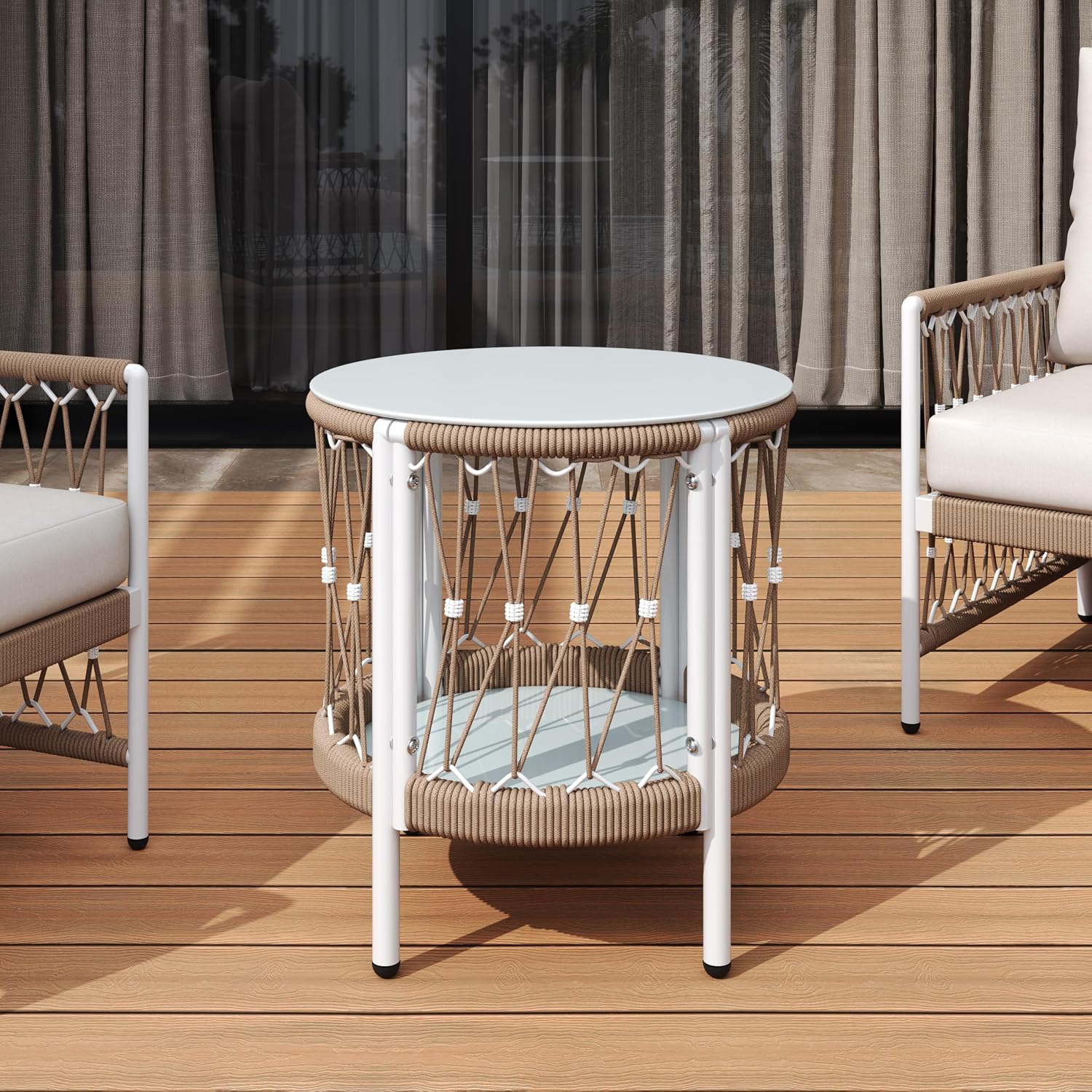 Christopher Knight Home Packy Bohemian Outdoor Side Table with Storage Shelf, Glass Top Small Patio Round Coffee Table, Sofa End Table for Patio Furniture Set with Metal Frame, White+Beige