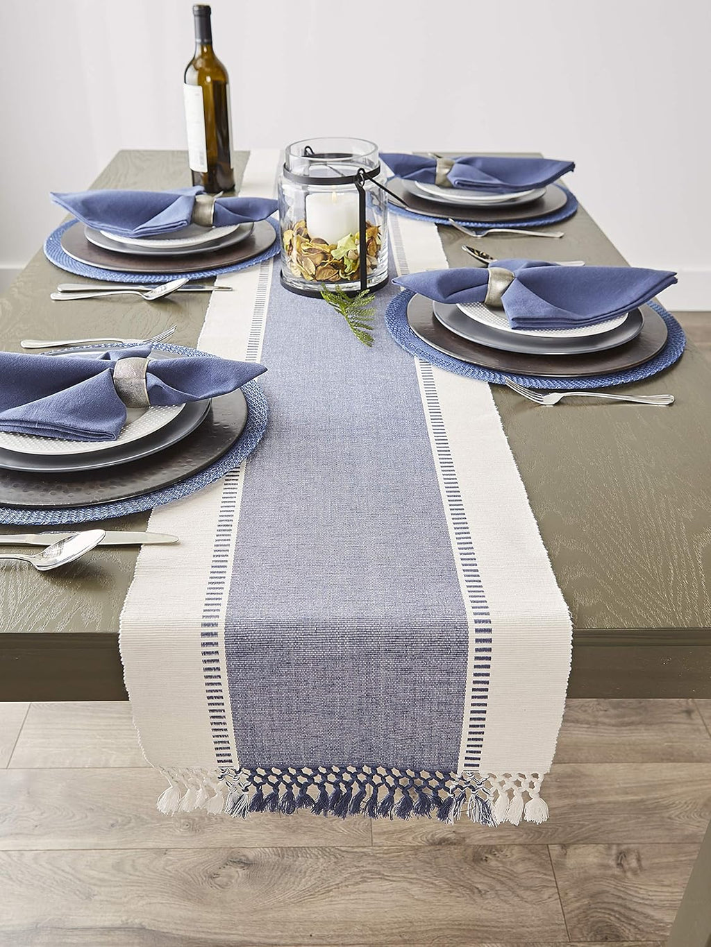 DII Dobby Stripe Woven Table Runner, 13x108 (13x113.5, Fringe Included) French Blue (Pack of 12)