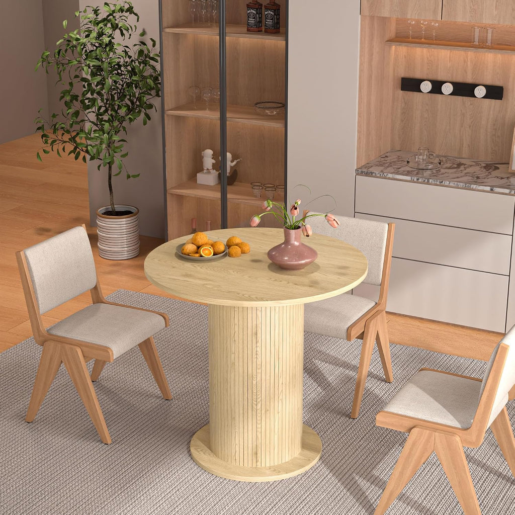 31.5 inch Round Dining Table for 2, Modern Farmhouse Kitchen Table, Small Circle Dining Tables with Wood Strip Base for Kitchen Living Room (Natural)